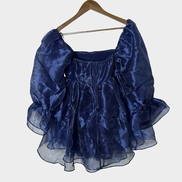 Windsor Navy Organza Puff Sleeve Babydoll Mini Dress XS Fairy Coquette Milkmaid - Picture 8 of 11